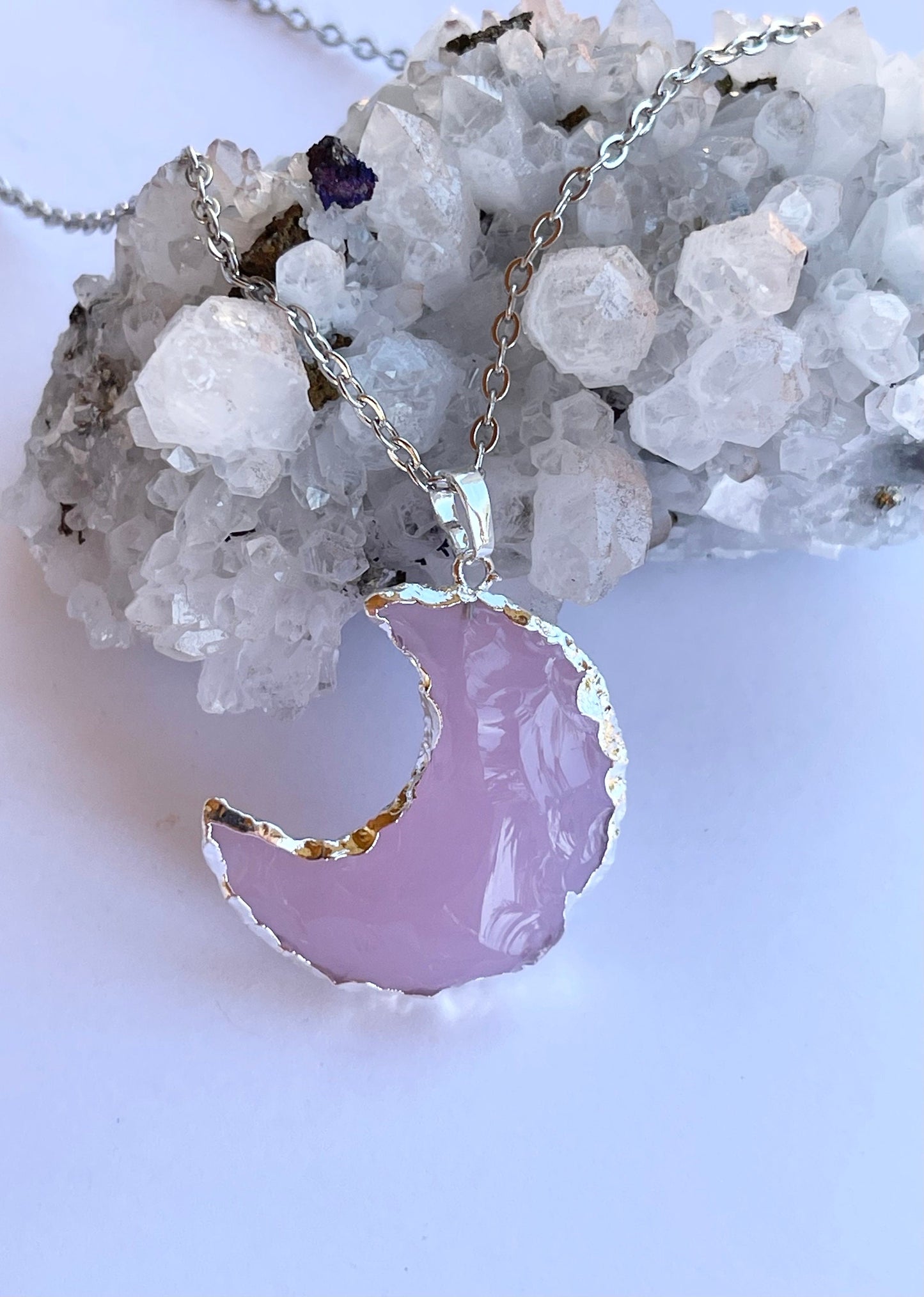 Mozambique Rose Quartz Half Moon Pendant Necklace