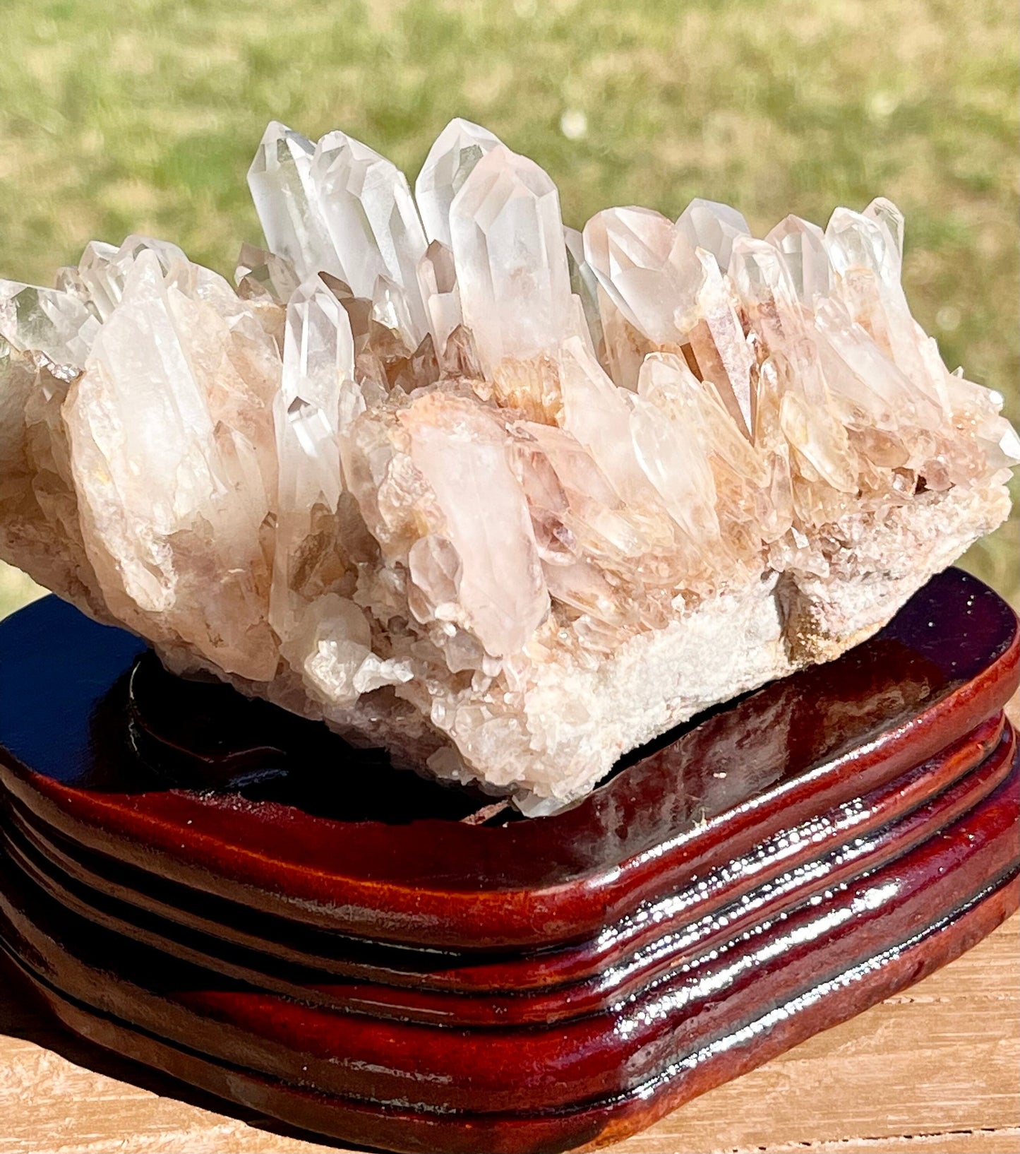 Clear Quartz Cluster Specimen with Wood Base