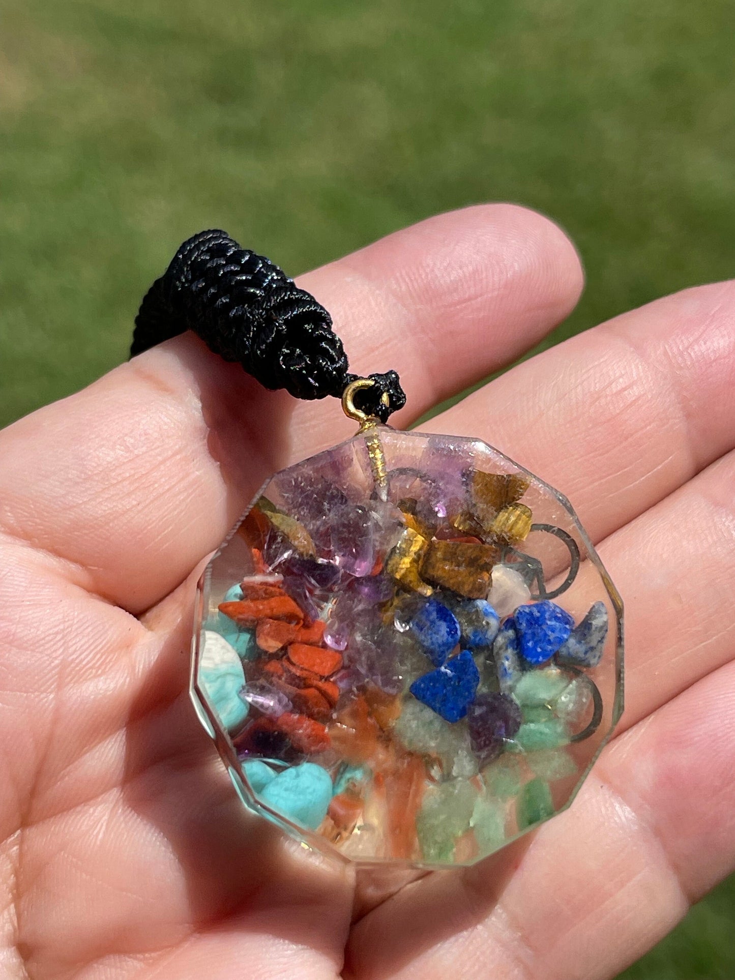 Seven Chakras Chips Crystal Orgone Pendant with Black Cord