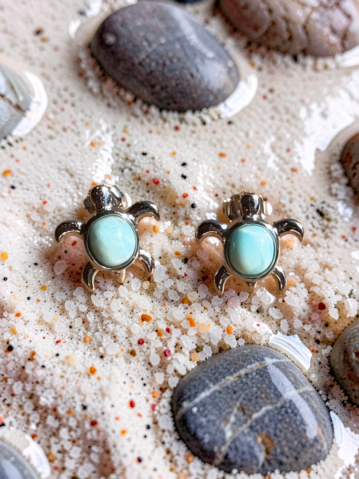 Larimar Sea Turtle Stud Earrings 925 Sterling Silver