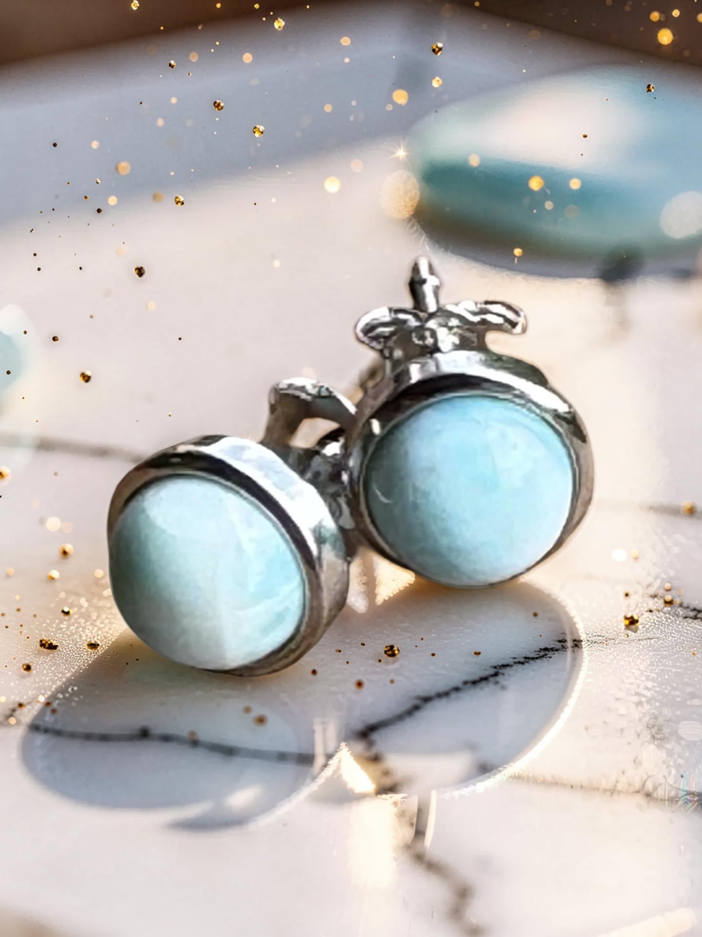 Larimar Round Stud Earrings 925 Sterling Silver