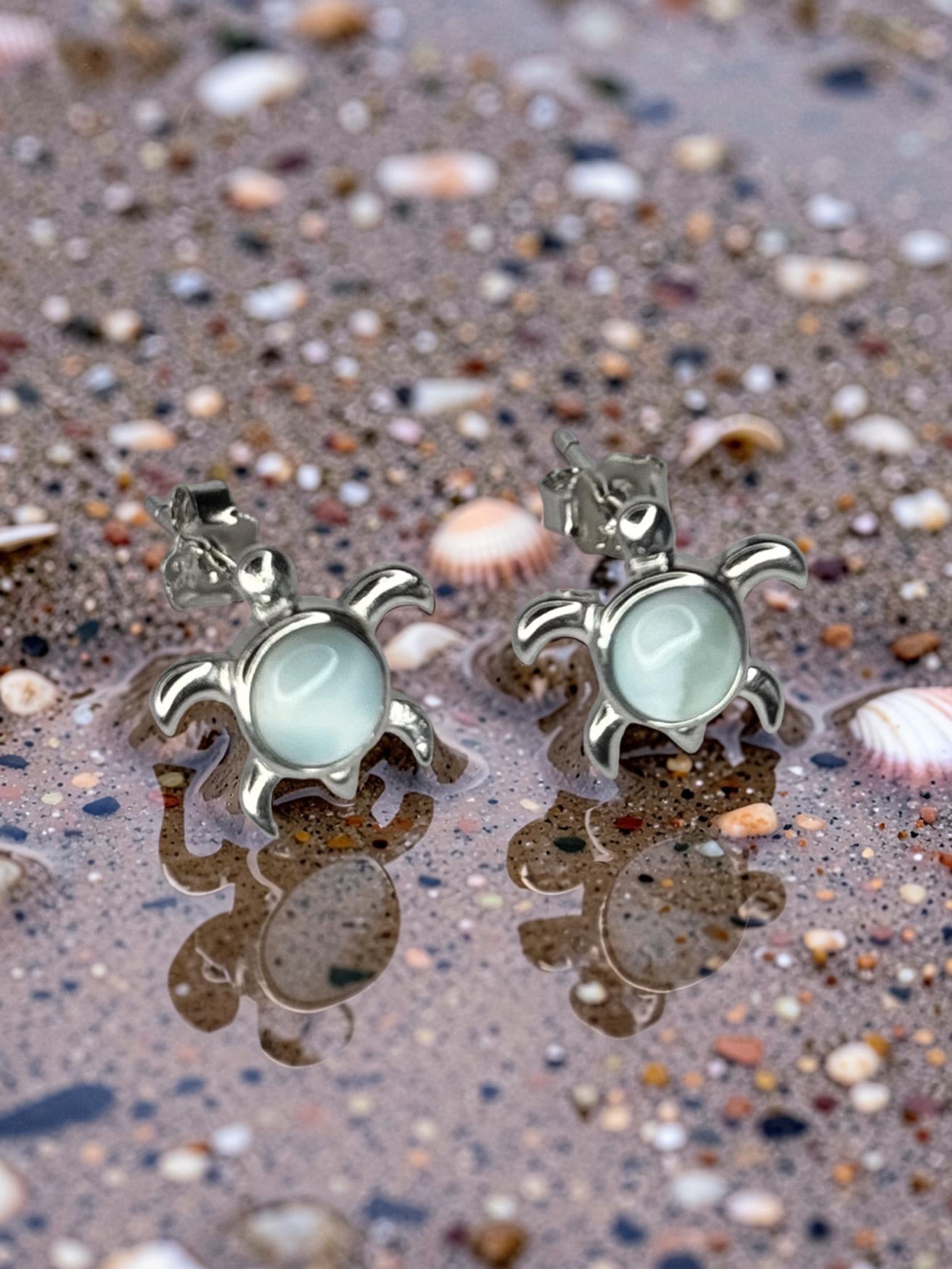 Larimar Sea Turtle Stud Earrings 925 Sterling Silver