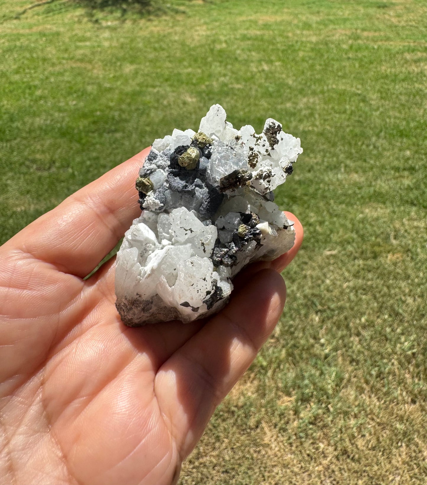 White Calcite, Clear Quartz, Pyrite Specimen with Black Tourmaline