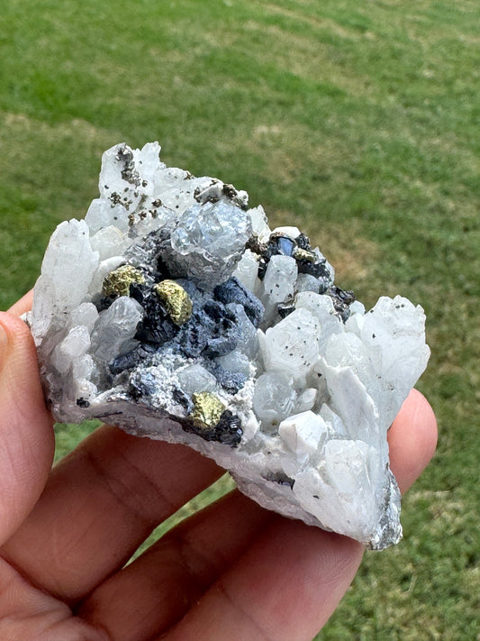 White Calcite, Clear Quartz, Pyrite Specimen with Black Tourmaline