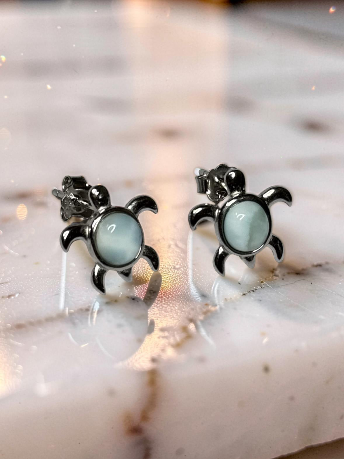 Larimar Sea Turtle Stud Earrings 925 Sterling Silver