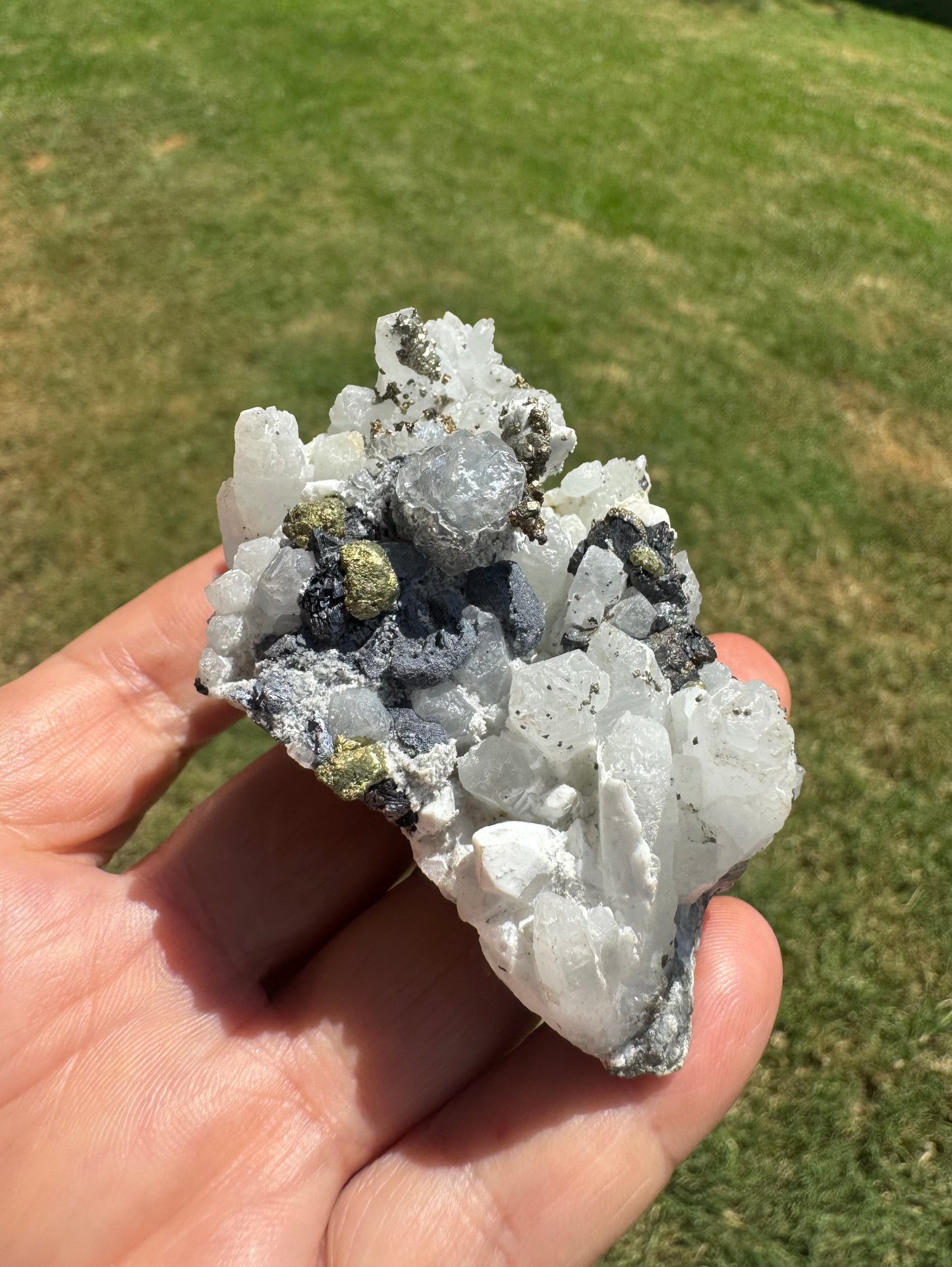 White Calcite, Clear Quartz, Pyrite Specimen with Black Tourmaline