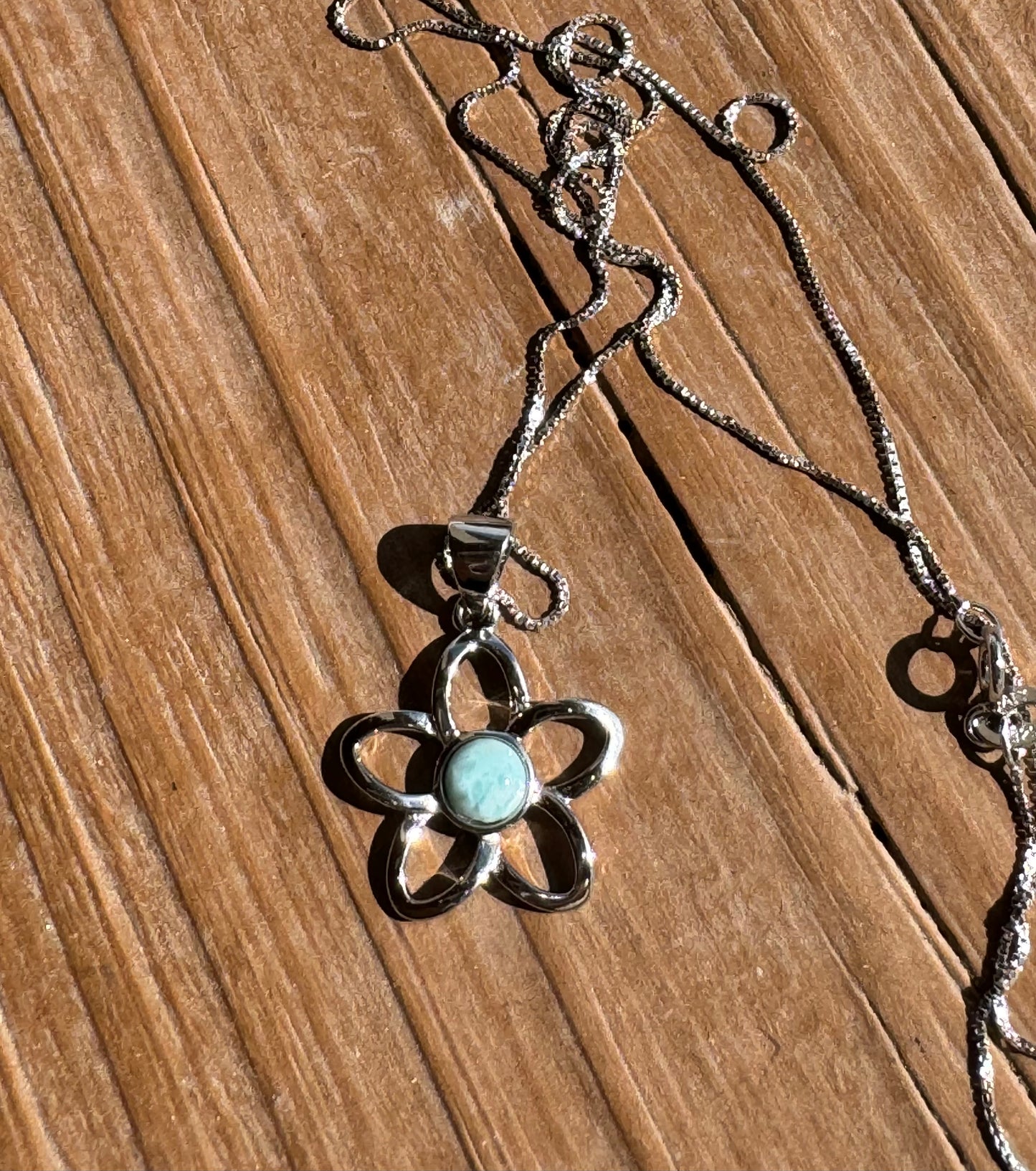 Larimar Flower Pendant 925 Sterling Silver and 925 Sterling Silver Chain