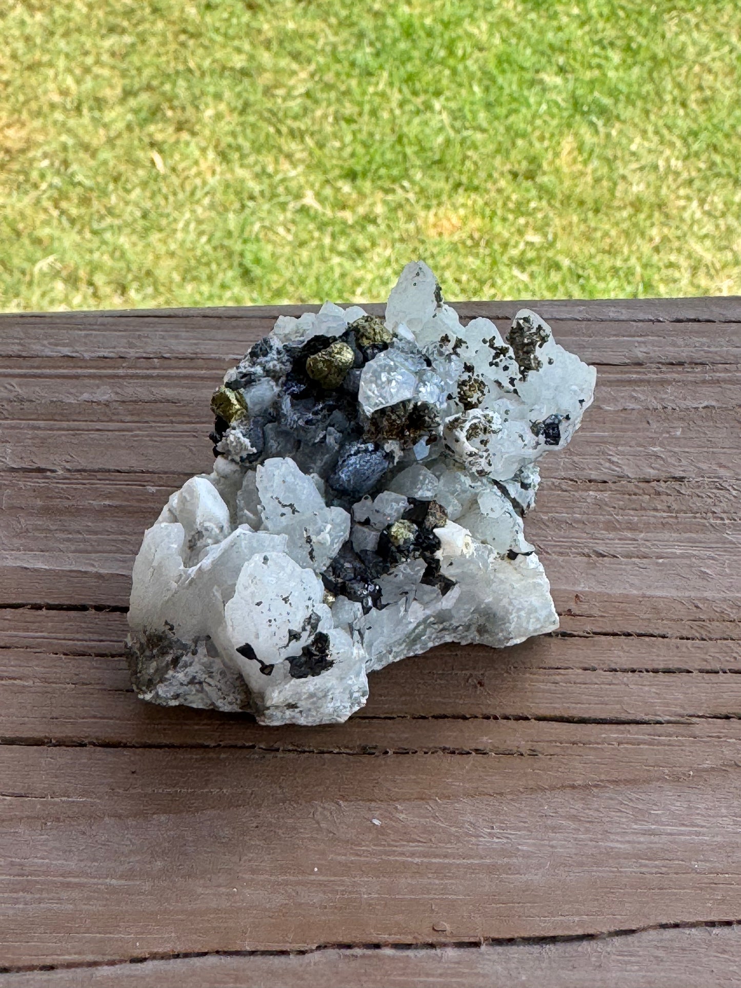 White Calcite, Clear Quartz, Pyrite Specimen with Black Tourmaline