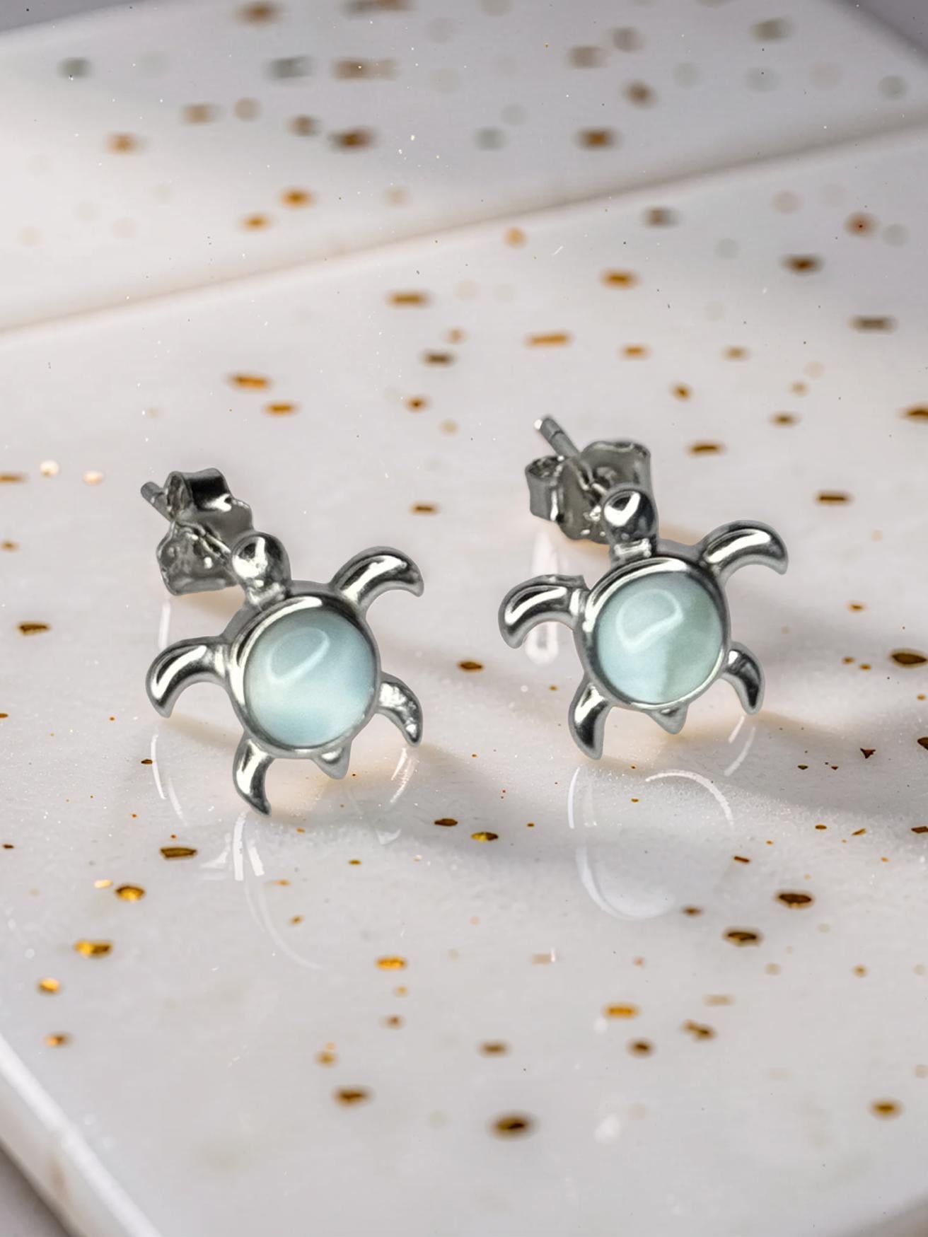 Larimar Sea Turtle Stud Earrings 925 Sterling Silver