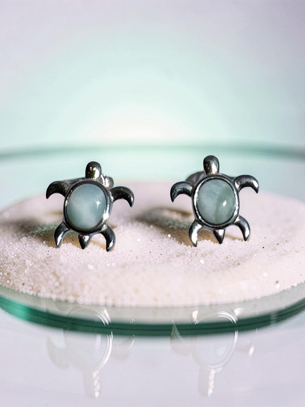 Larimar Sea Turtle Stud Earrings 925 Sterling Silver