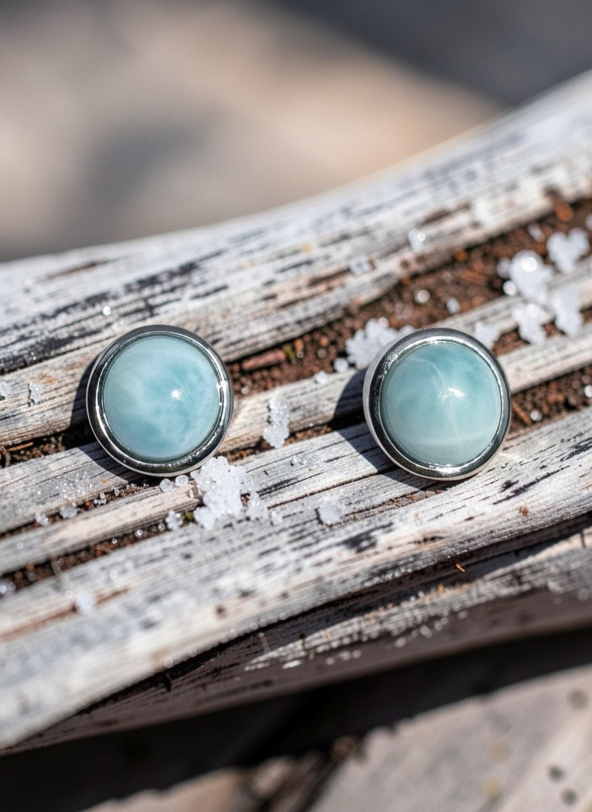 Larimar Round Stud Earrings 925 Sterling Silver