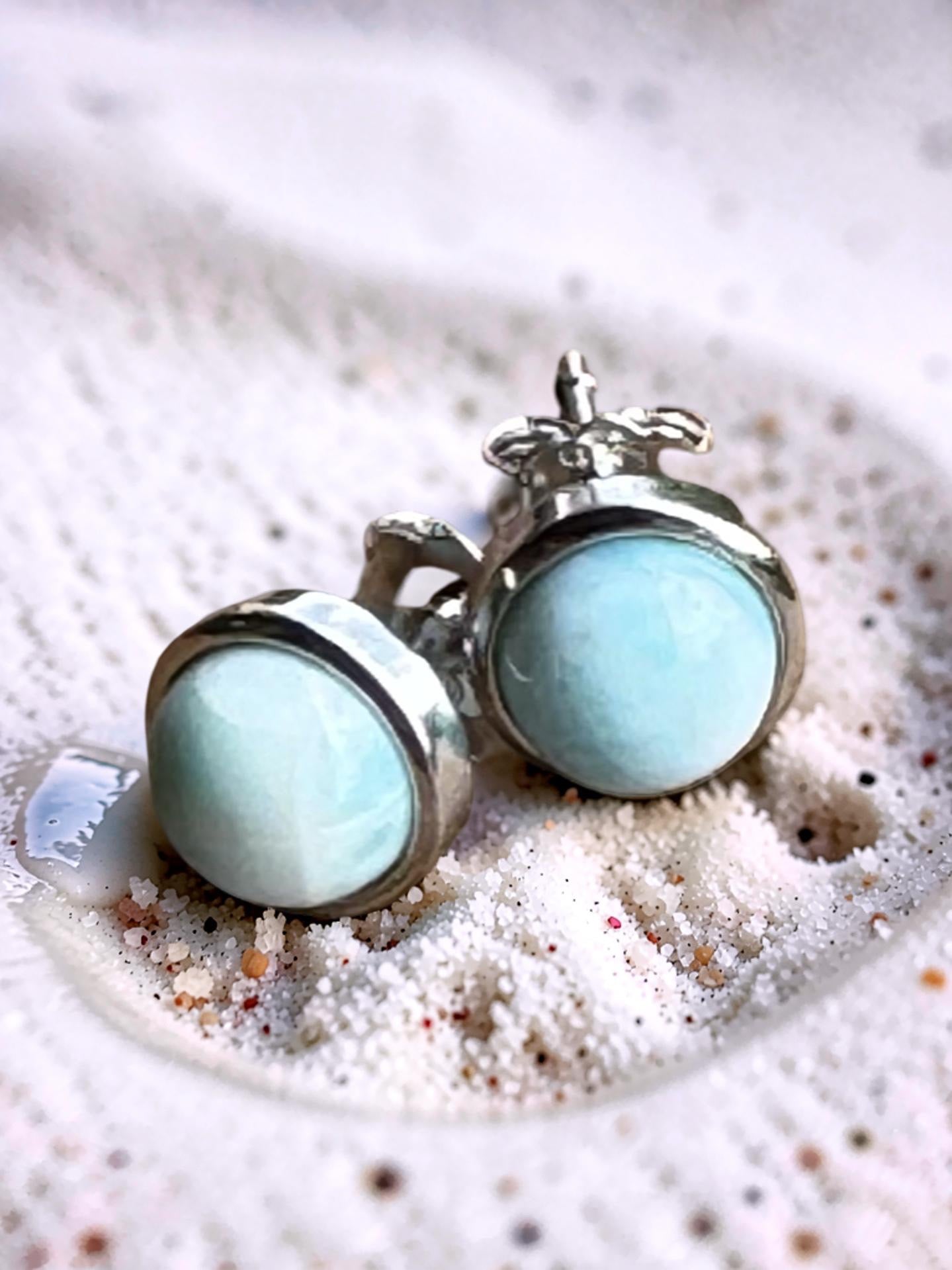 Larimar Round Stud Earrings 925 Sterling Silver