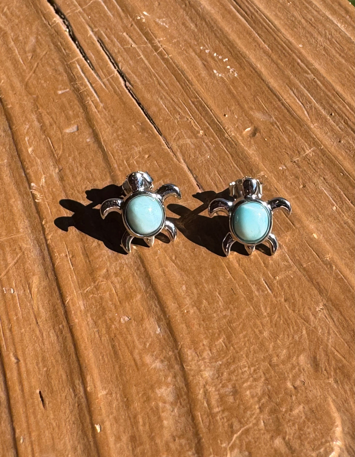Larimar Sea Turtle Stud Earrings 925 Sterling Silver