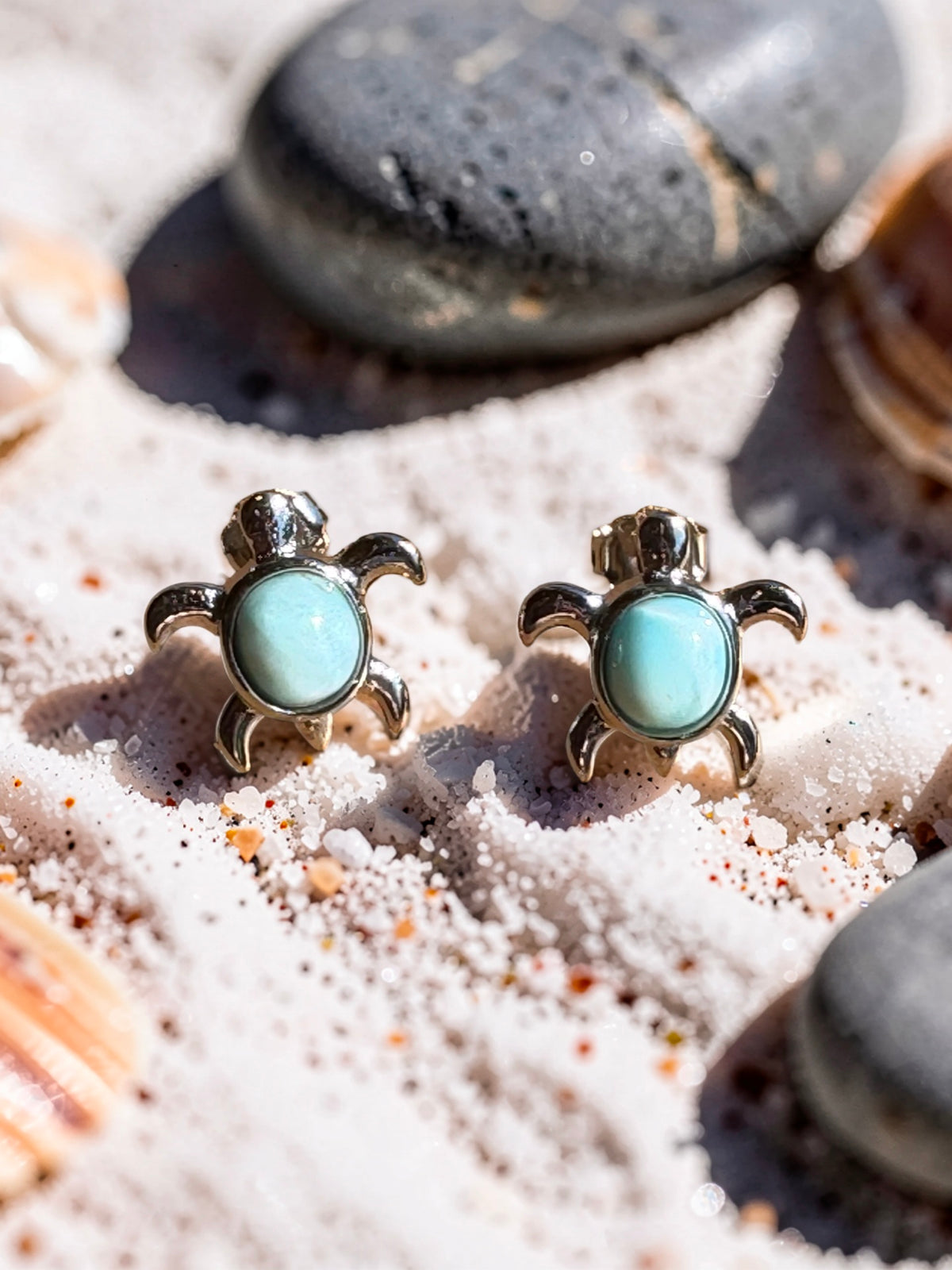 Larimar Sea Turtle Stud Earrings 925 Sterling Silver