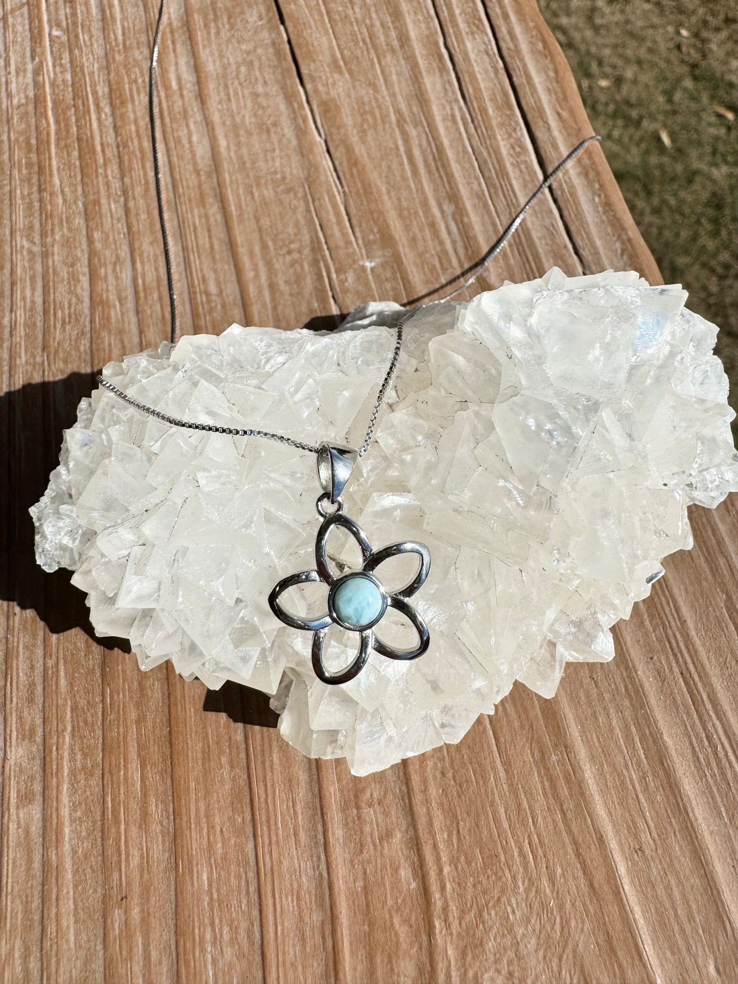 Larimar Flower Pendant 925 Sterling Silver and 925 Sterling Silver Chain