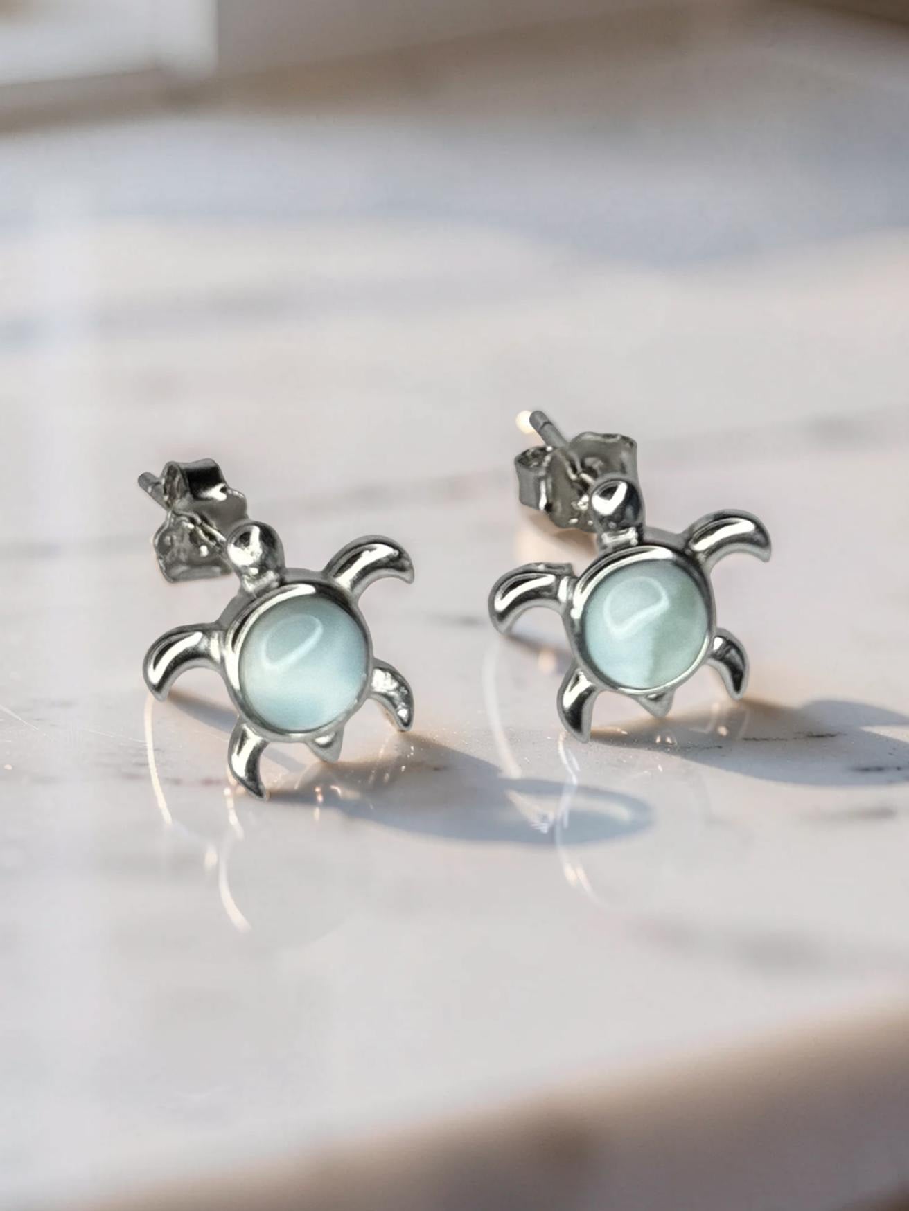 Larimar Sea Turtle Stud Earrings 925 Sterling Silver