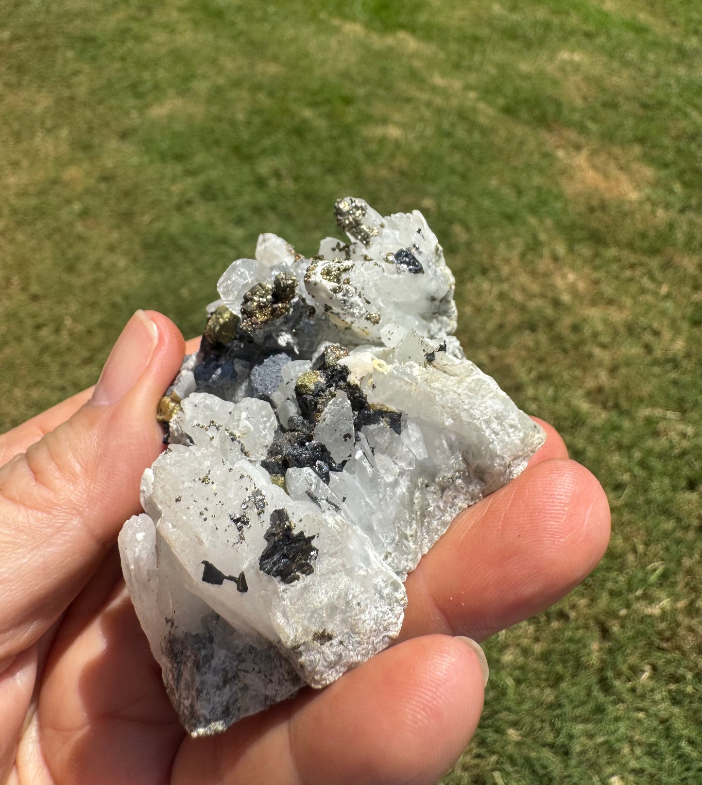 White Calcite, Clear Quartz, Pyrite Specimen with Black Tourmaline