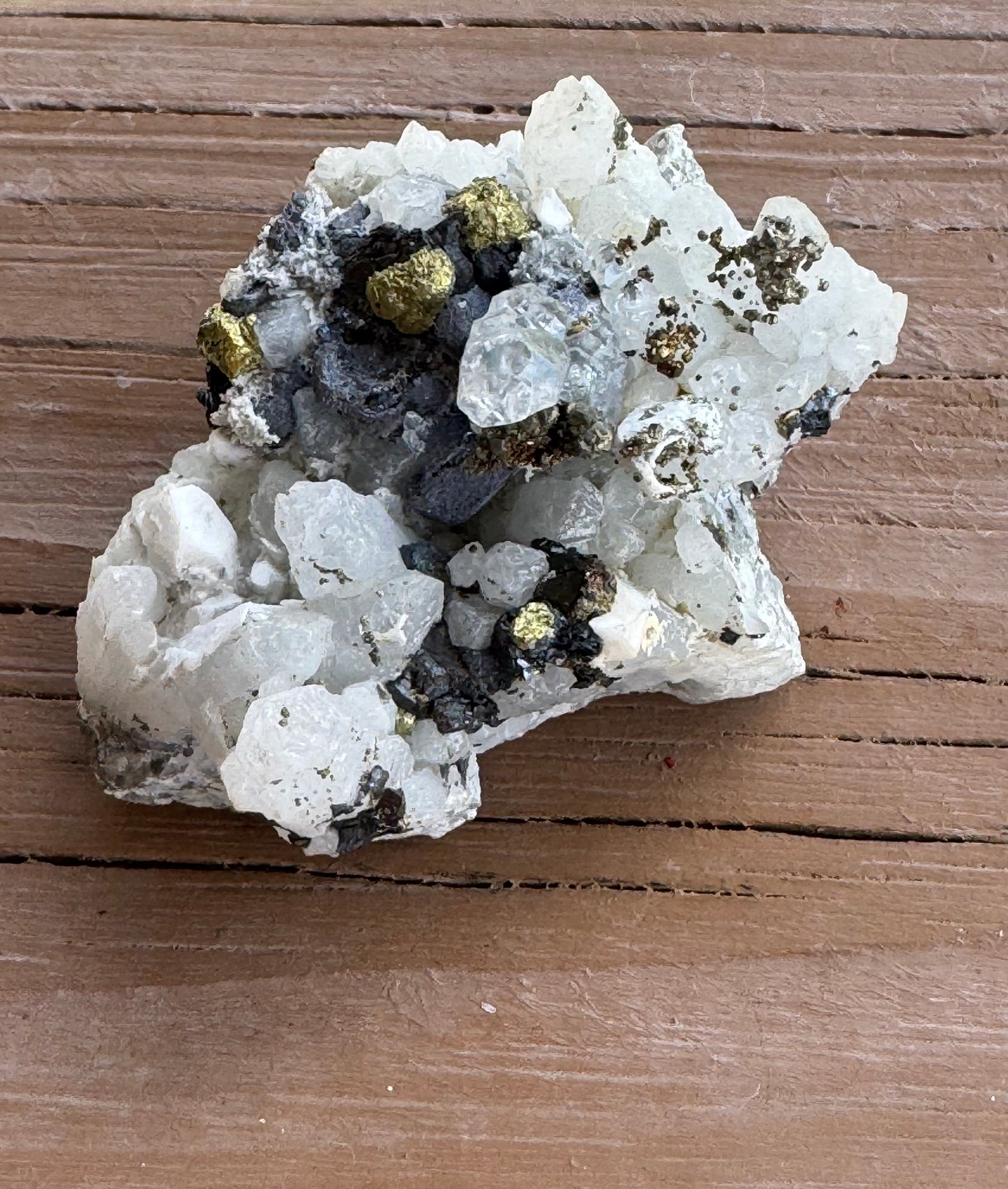 White Calcite, Clear Quartz, Pyrite Specimen with Black Tourmaline