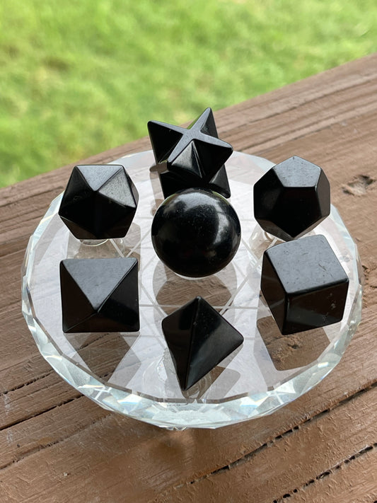 Shungite Sacred Geometric Set and Glass Crystal Base