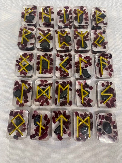 Garnet and Hematite Resin Runes Set