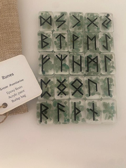 Green Aventurine Resin Runes Set