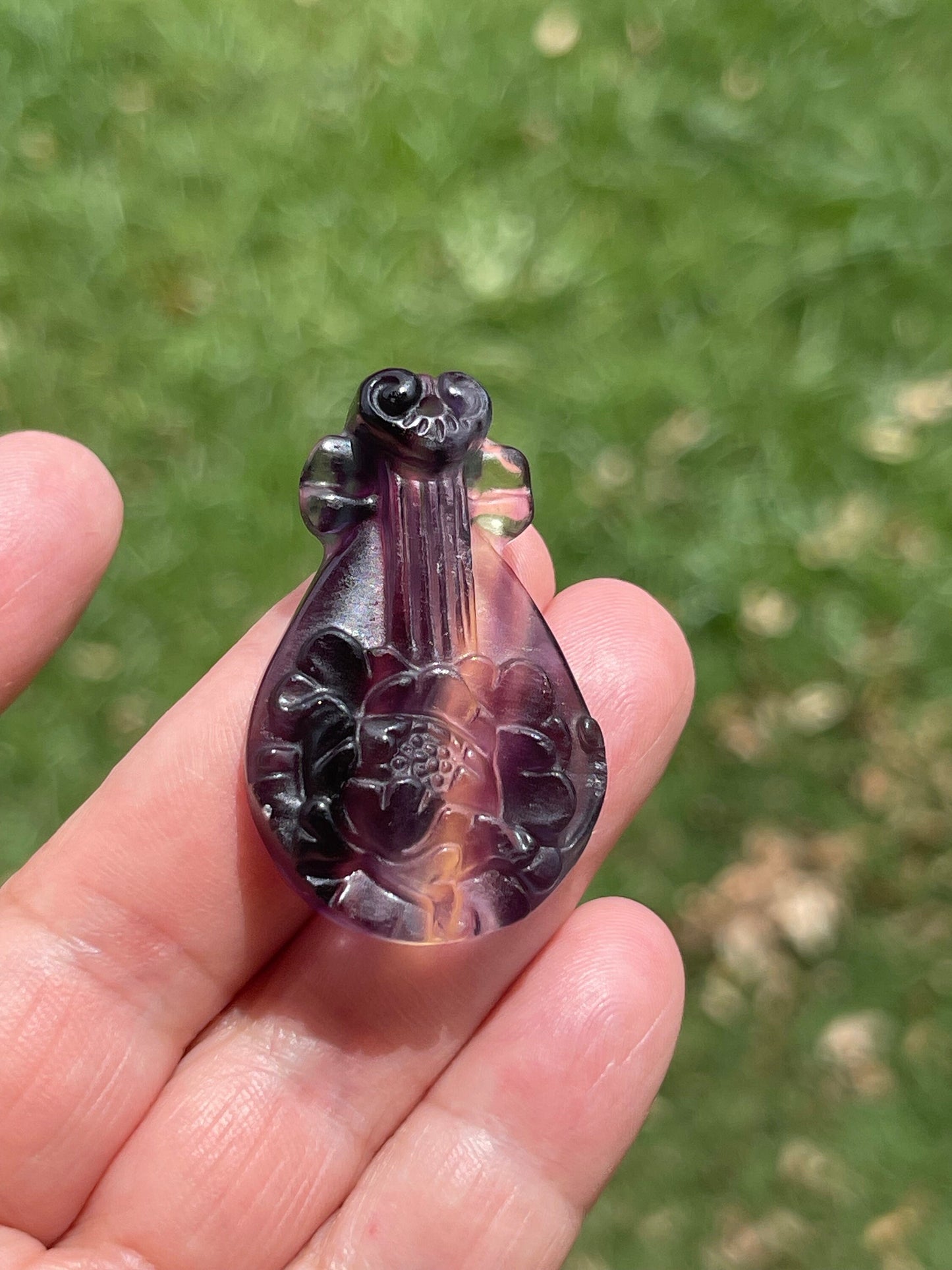Rainbow Fluorite Pipa Lute Carving