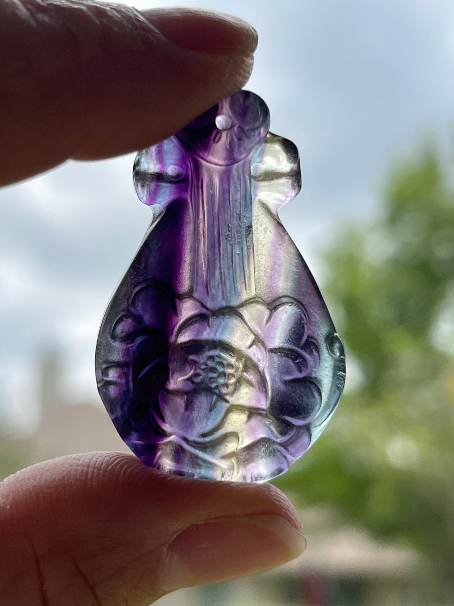 Rainbow Fluorite Pipa Lute Carving