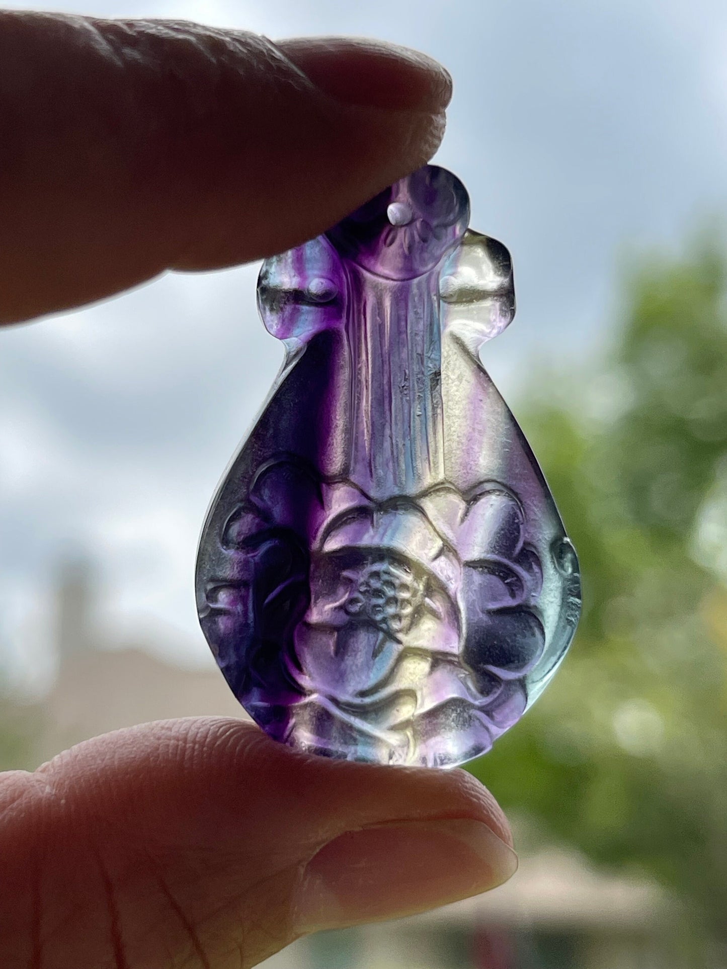 Rainbow Fluorite Pipa Lute Carving